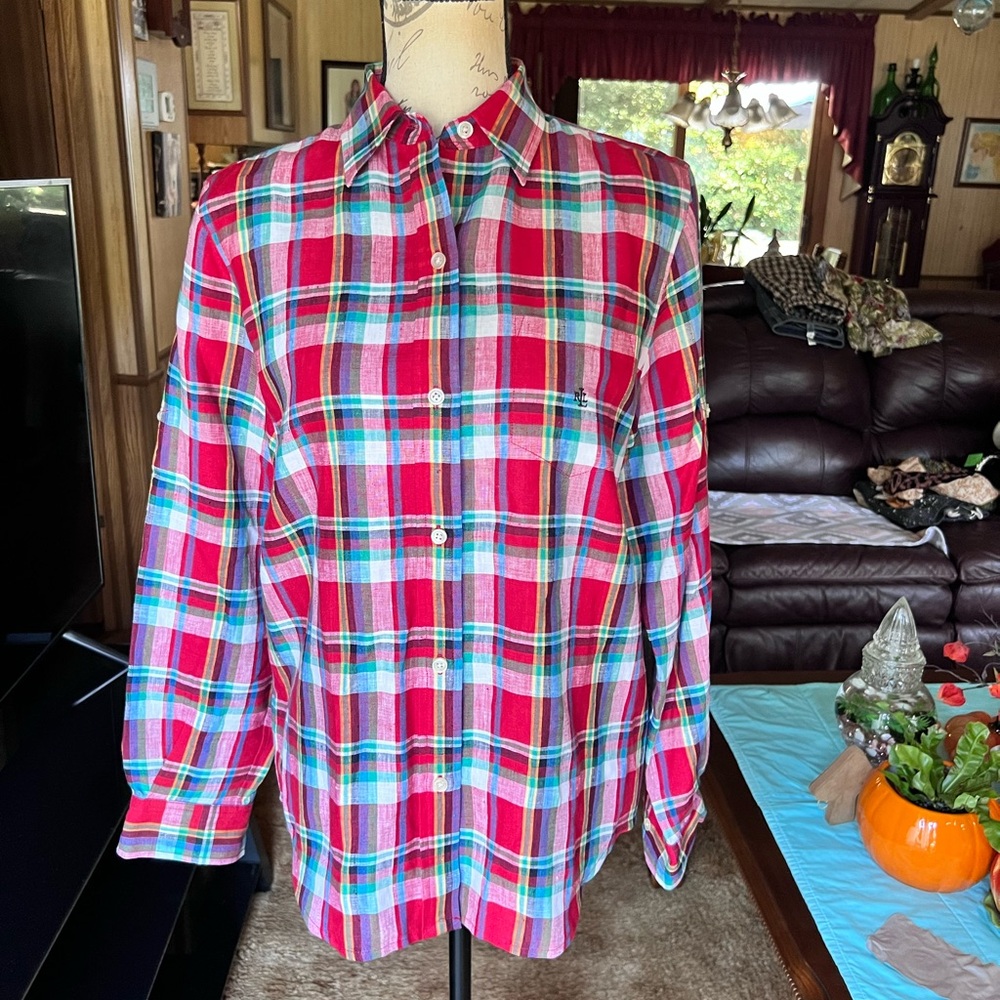 Lauren Ralph Lauren Small Red Blue Green Plaid Linen Blouse Top.
